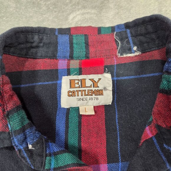 Ely Cattleman Shirt Mens Large Black Red Green Blue Pearl Snap Flannel Button Up - Picture 3 of 7